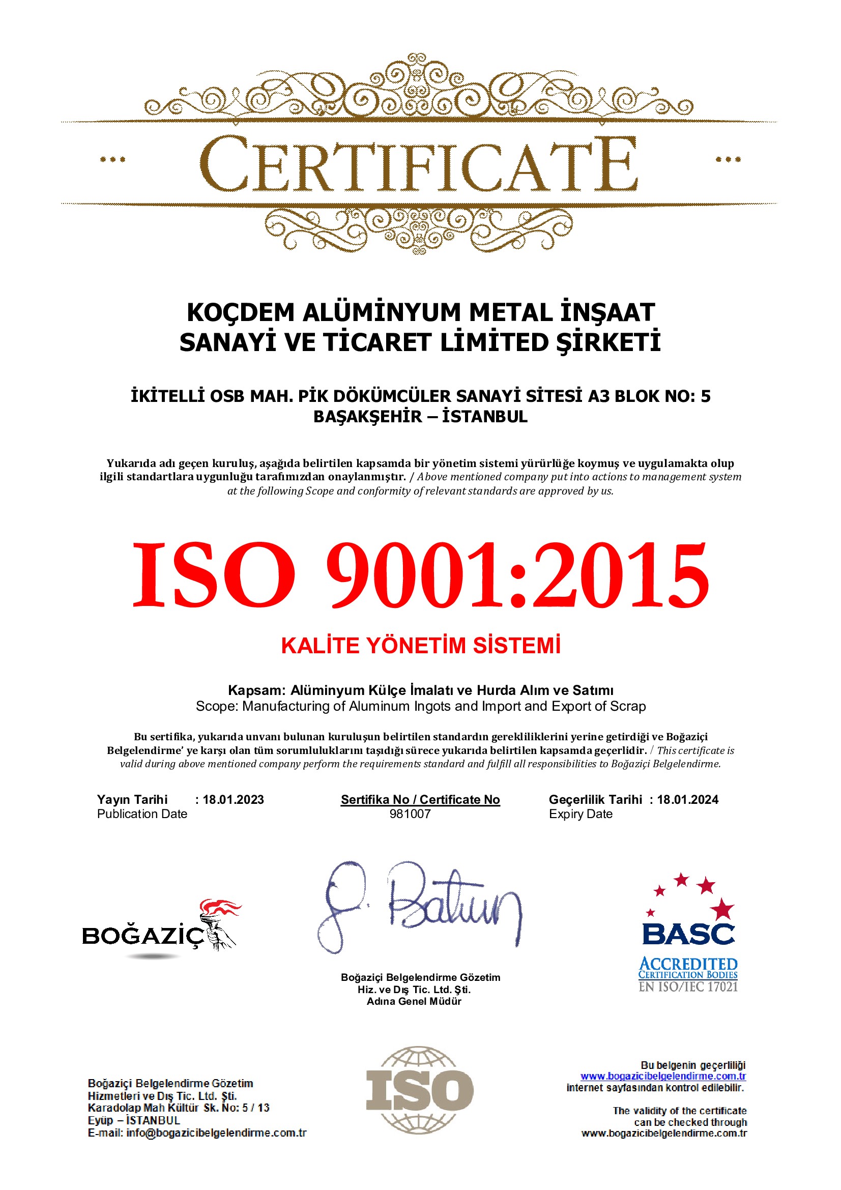 ISO 9001 Kalite Yönetim Sistem Sertifikasi